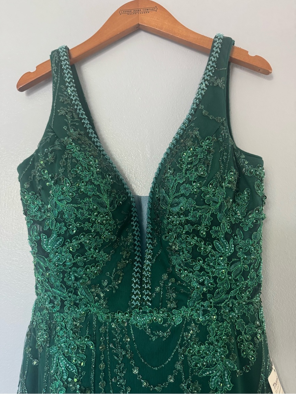 Beaded Deep Green V-Neck Formal Evening Gown - Picture 4 of 8